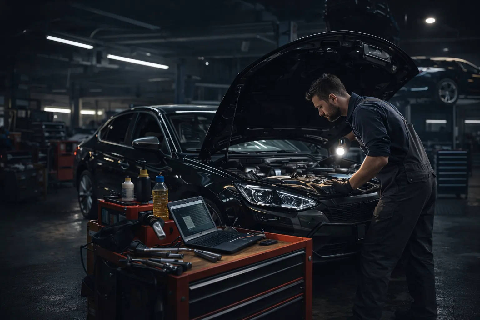 Fahrzeug in einer modernen Kfz-Werkstatt